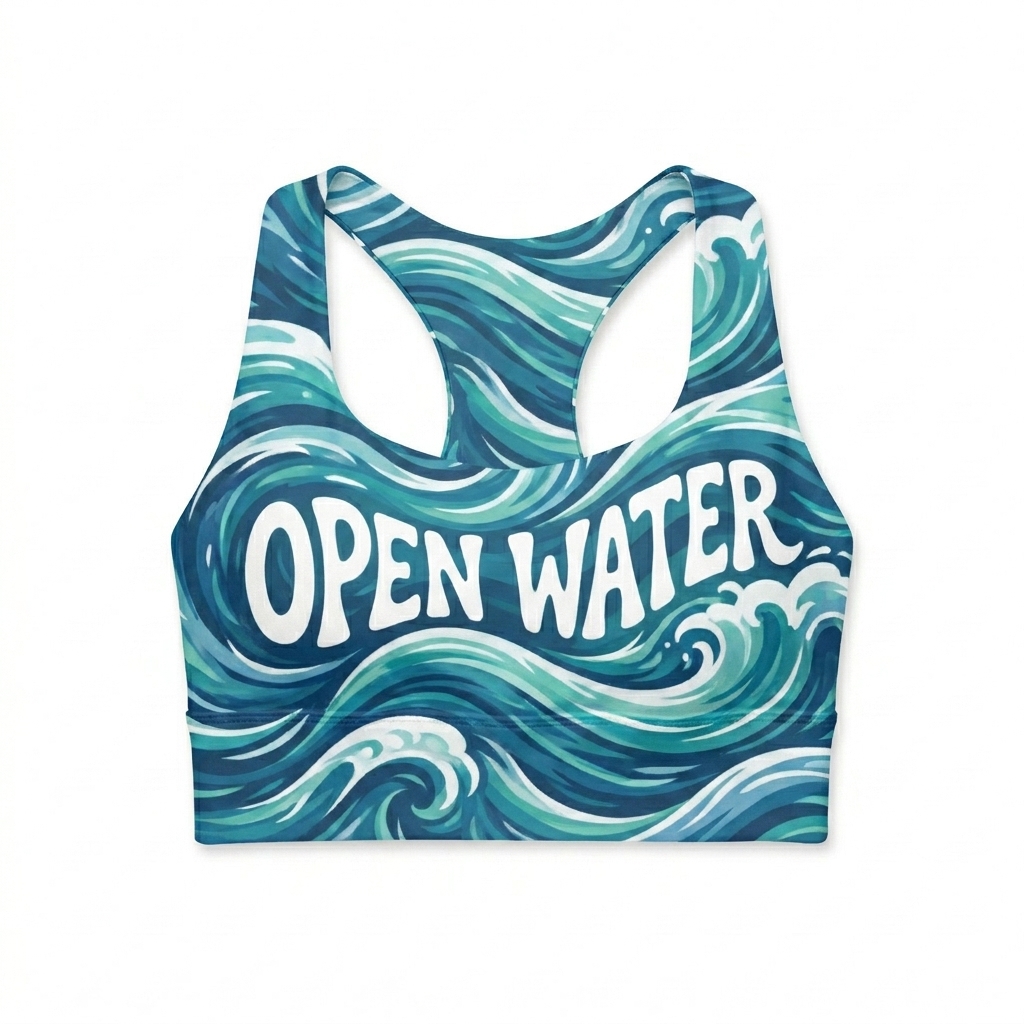 Custom All-Over Print Longline Sports Bra design direction 1: Abstract Topography featuring the OPEN WATER wordmark