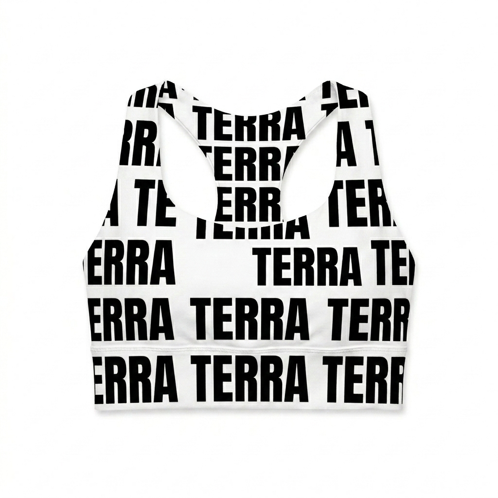 Custom All-Over Print Longline Sports Bra design direction 2: Vibrant Botanical featuring the TERRA wordmark