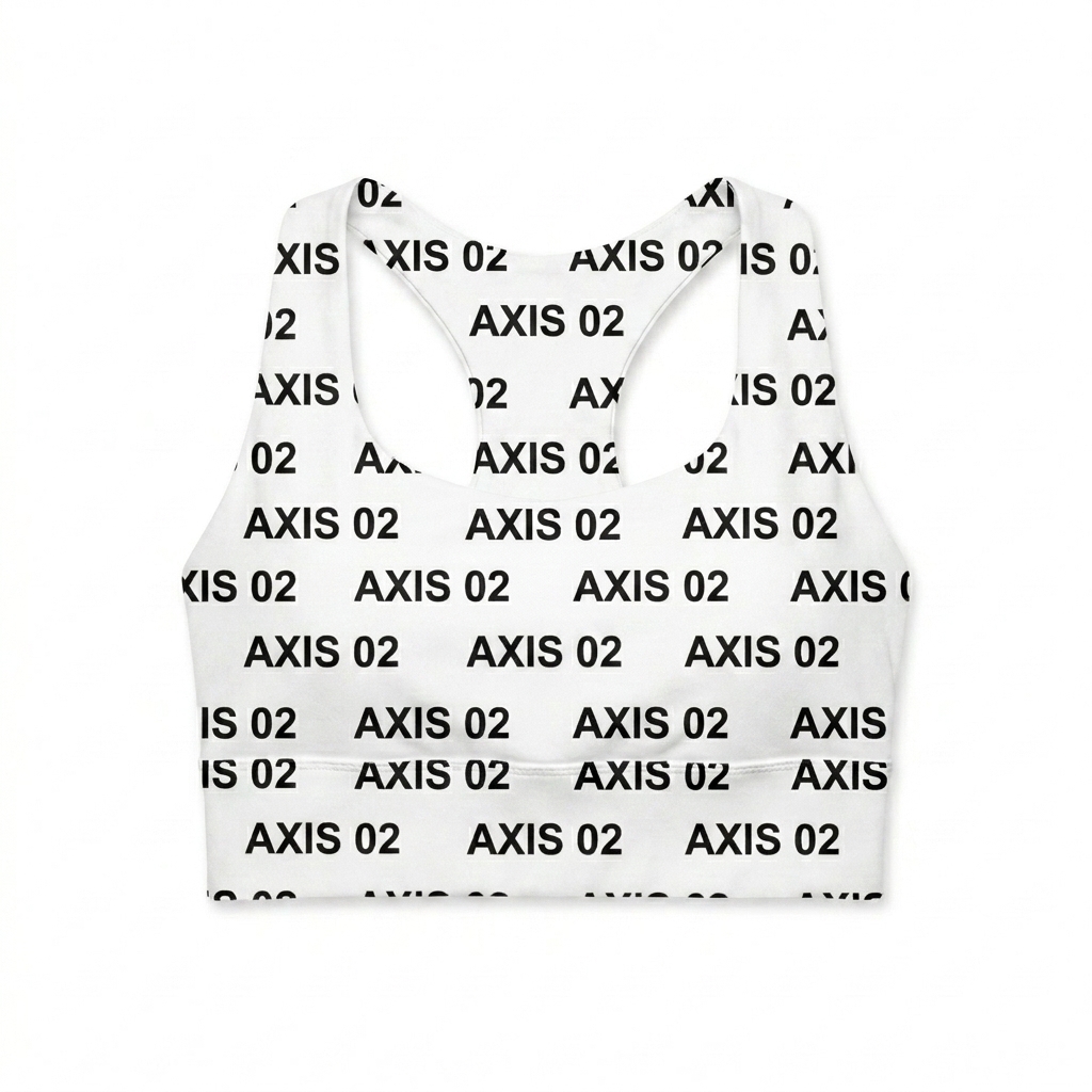 Custom All-Over Print Longline Sports Bra design direction 3: Geometric Grid Wordmark featuring the AXIS 02 wordmark