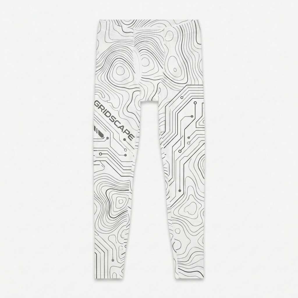 Custom All-Over Print Men's Leggings design direction 2: Sci-Fi Topography Pattern featuring the GRIDSCAPE wordmark