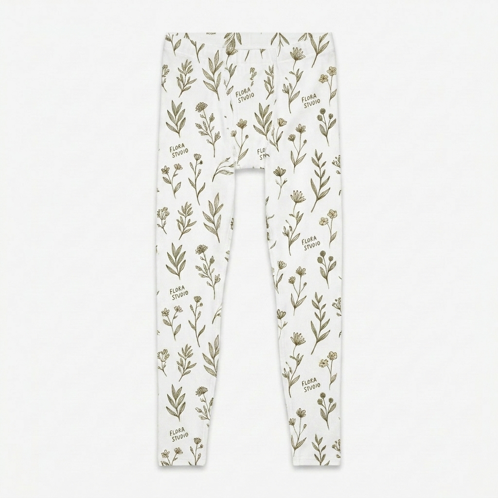 Custom All-Over Print Men's Leggings design direction 3: Hand-Drawn Botanical Repeat featuring the FLORA STUDIO wordmark