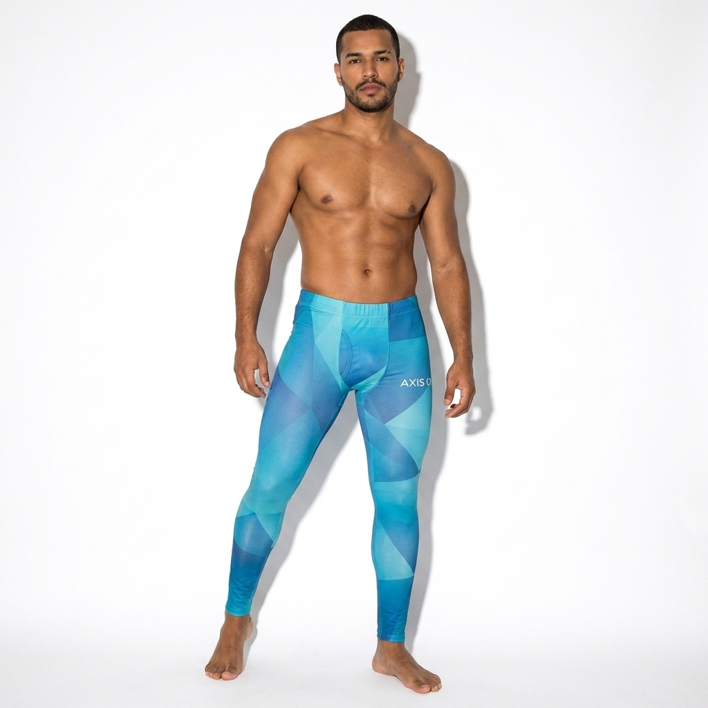 All-Over Print Men's Leggings worn by a mid-size Brazilian male fashion influencer, minimalist luxury styling, studio lookbook — custom all-over print men's leggings