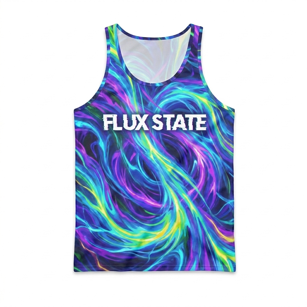 Custom All-Over Print Men's Tank Top design direction 1: Abstract Geometric Flow featuring the FLUX STATE wordmark