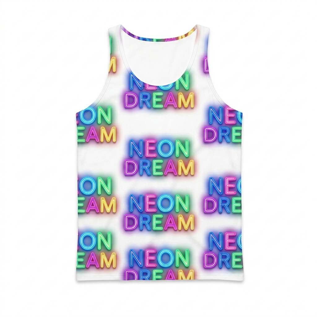 Custom All-Over Print Men's Tank Top design direction 2: Vaporwave Sunset featuring the NEON DREAM wordmark