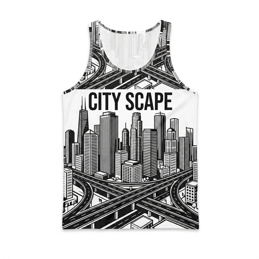 Custom All-Over Print Men's Tank Top design direction 3: Urban Sketch Texture featuring the CITY SCAPE wordmark