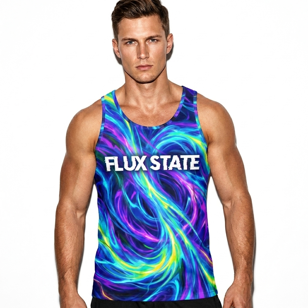 All-Over Print Men's Tank Top worn by a toned White European male fashion influencer, downtown streetwear styling, studio lookbook — custom all-over print men's tank top