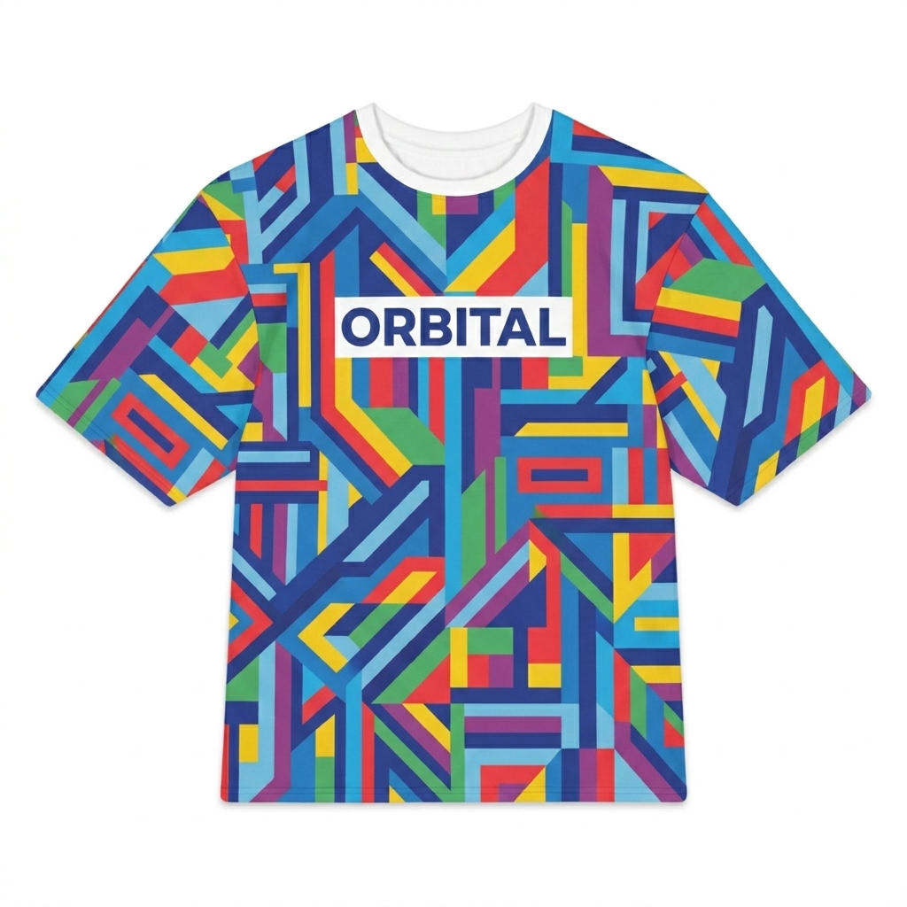 Custom All-Over Print Oversized Cotton T-Shirt design direction 1: Abstract Geometric Pattern featuring the ORBITAL wordmark