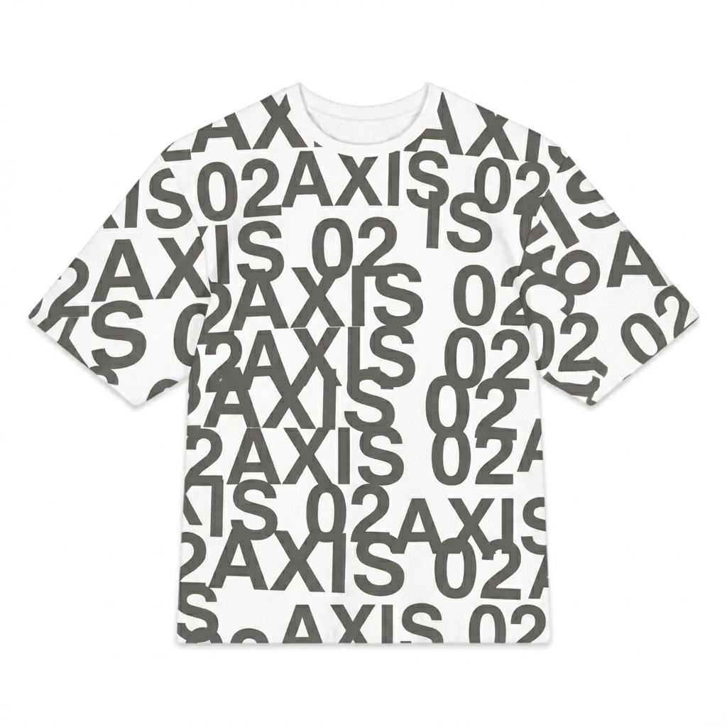 Custom All-Over Print Oversized Cotton T-Shirt design direction 2: Fragmented Typography Experiment featuring the AXIS 02 wordmark