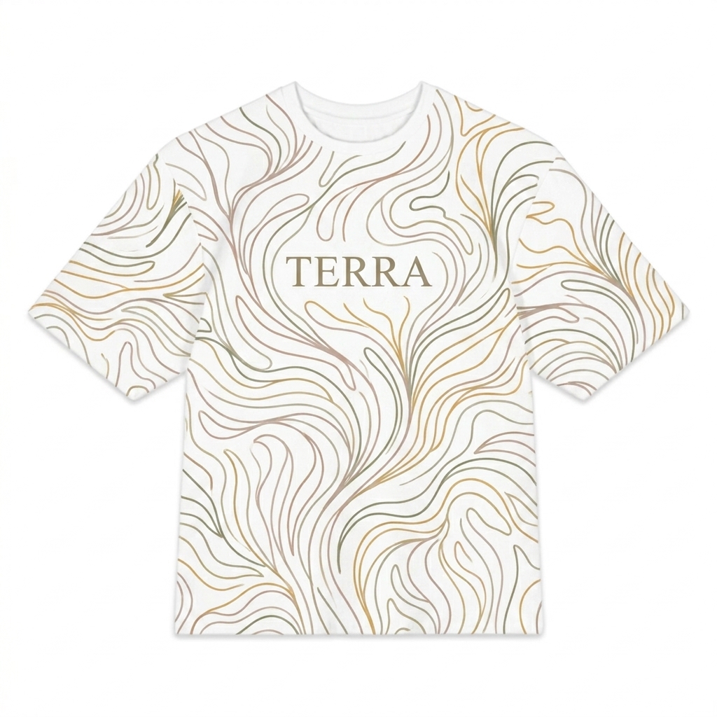 Custom All-Over Print Oversized Cotton T-Shirt design direction 3: Organic Line Art Flow featuring the TERRA wordmark