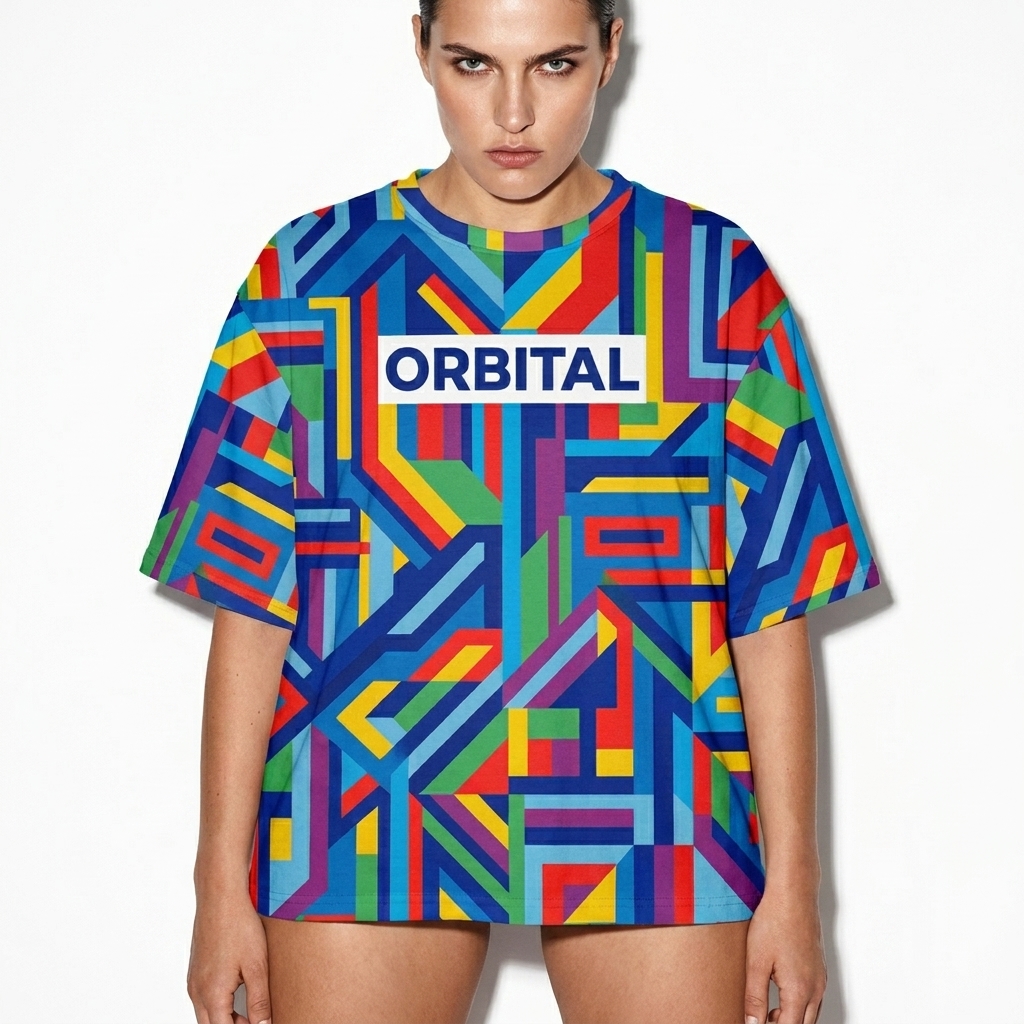 All-Over Print Oversized Cotton T-Shirt worn by a broad-shouldered Eastern European female fashion influencer, downtown streetwear styling, studio lookbook — custom all-over print oversized cotton t-shirt