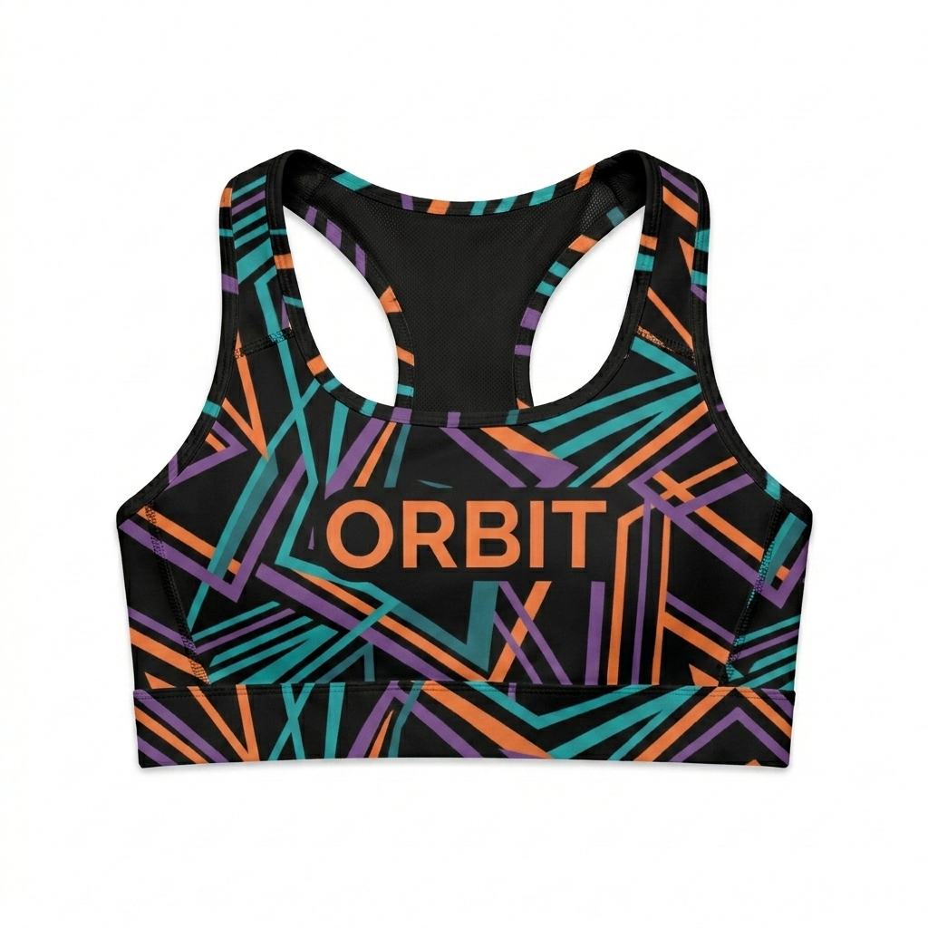 Custom All-Over Print Padded Sports Bra design direction 1: Geometric Flow featuring the ORBIT wordmark
