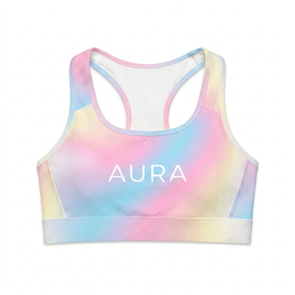 Custom All-Over Print Padded Sports Bra design direction 2: Subtle Gradient Swirl featuring the AURA wordmark