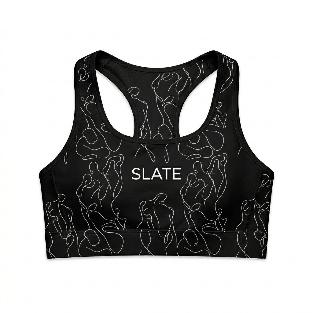 Custom All-Over Print Padded Sports Bra design direction 3: Modern Abstract Figure featuring the SLATE wordmark