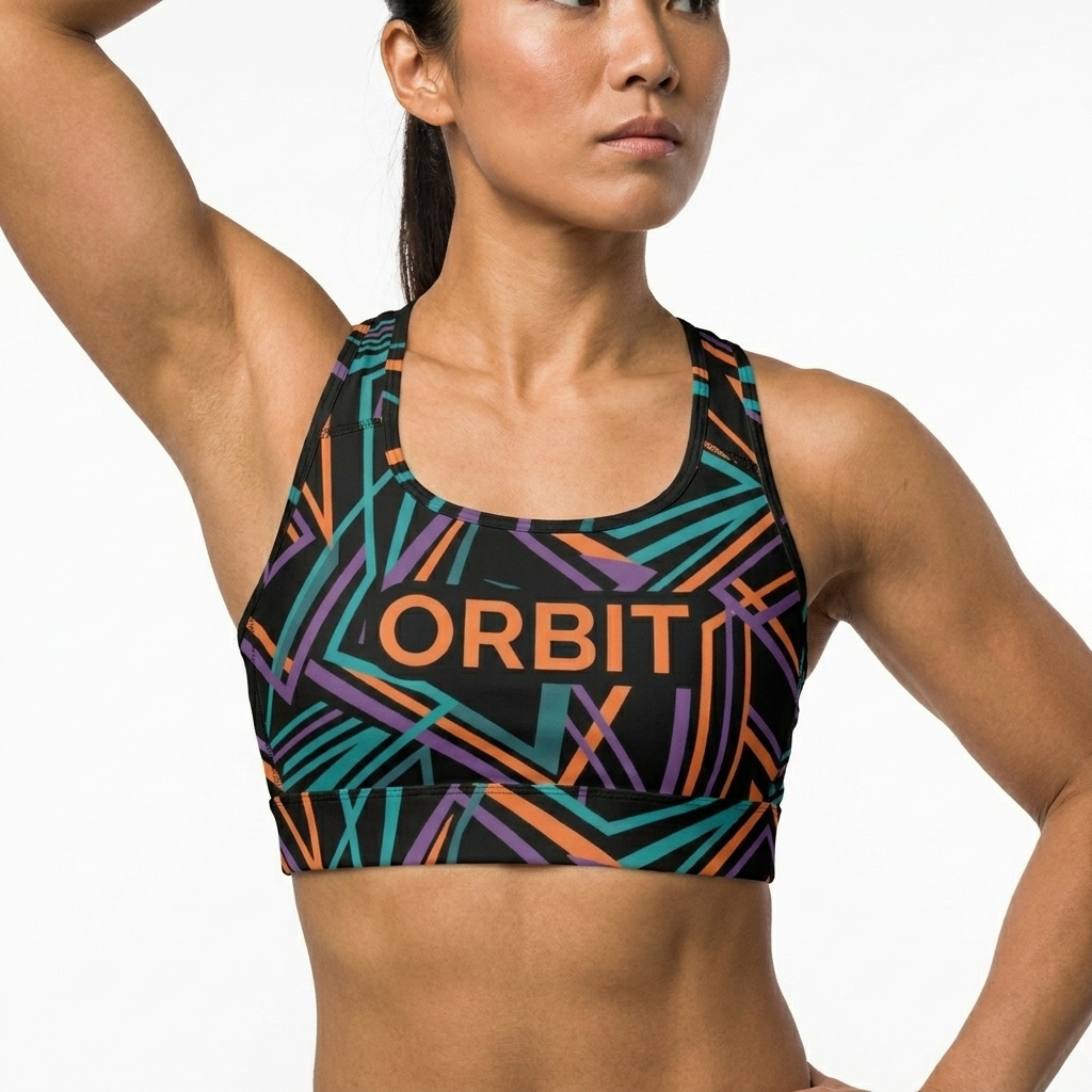 All-Over Print Padded Sports Bra worn by a athletic muscular Japanese female fashion influencer, editorial avant-garde styling, studio lookbook — custom all-over print padded sports bra