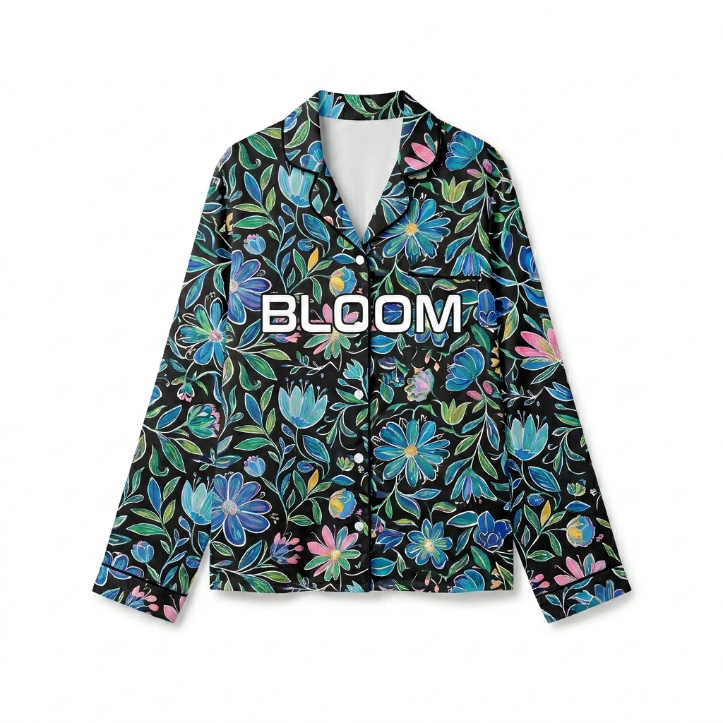 Custom All-Over Print Long Sleeve Pajama Top design direction 1: Abstract Floral All-Over Print featuring the BLOOM wordmark