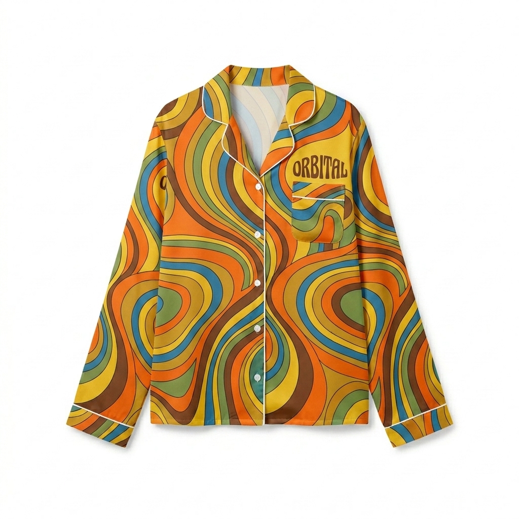 Custom All-Over Print Long Sleeve Pajama Top design direction 2: Retro Geometric Pattern featuring the ORBITAL wordmark