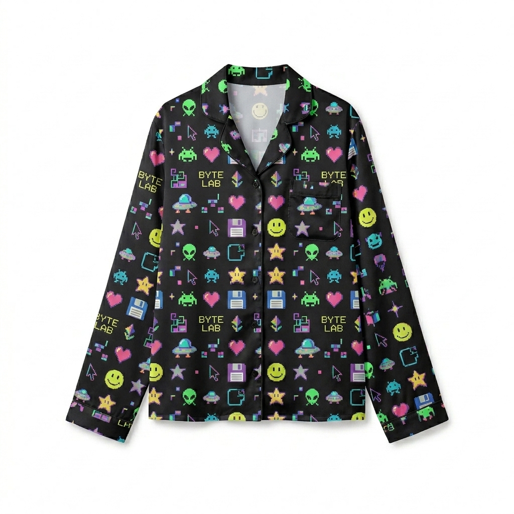 Custom All-Over Print Long Sleeve Pajama Top design direction 3: Pixelated Iconography Repeat featuring the BYTE LAB wordmark