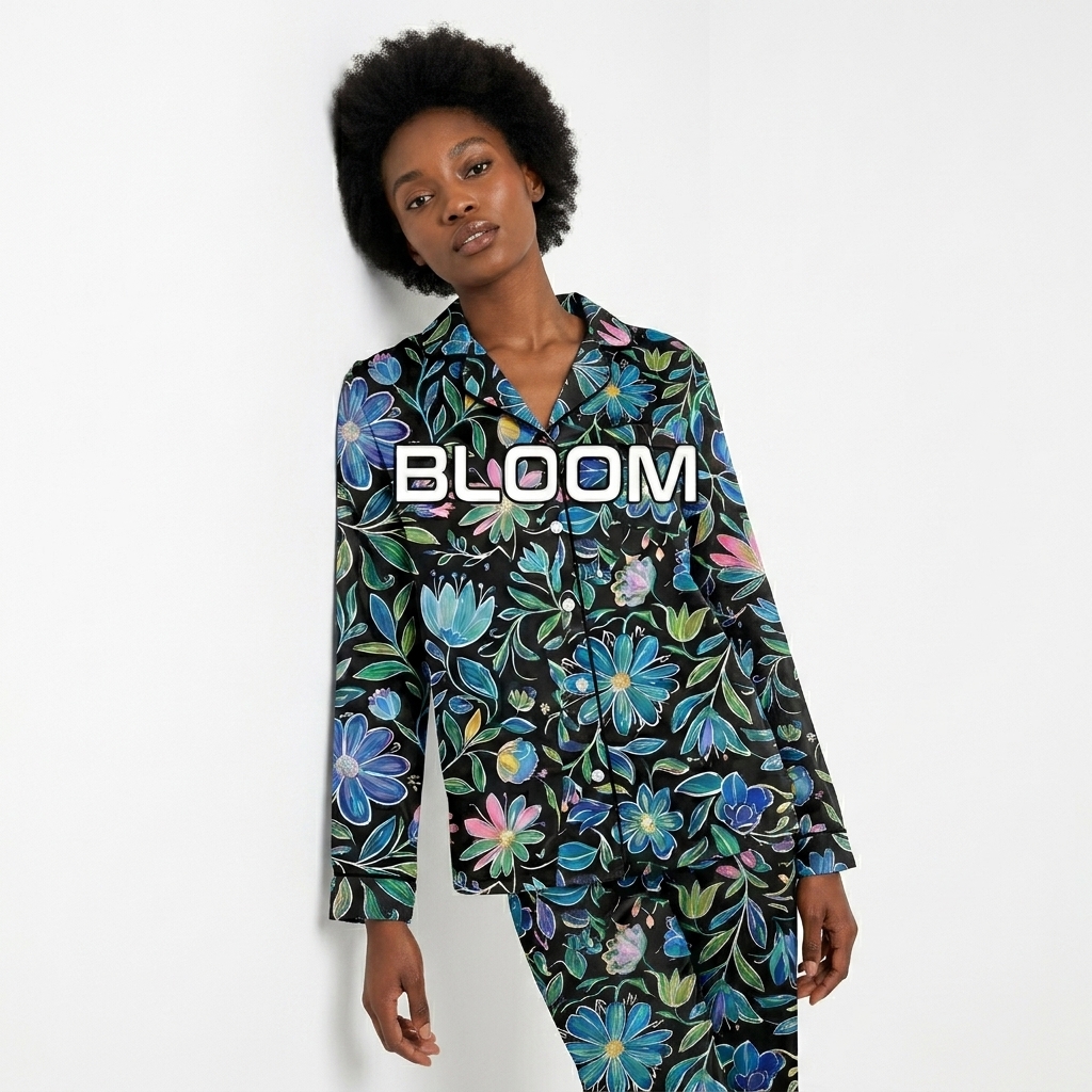 All-Over Print Long Sleeve Pajama Top worn by a lean African American female fashion influencer, gorpcore outdoor styling, studio lookbook — custom all-over print long sleeve pajama top
