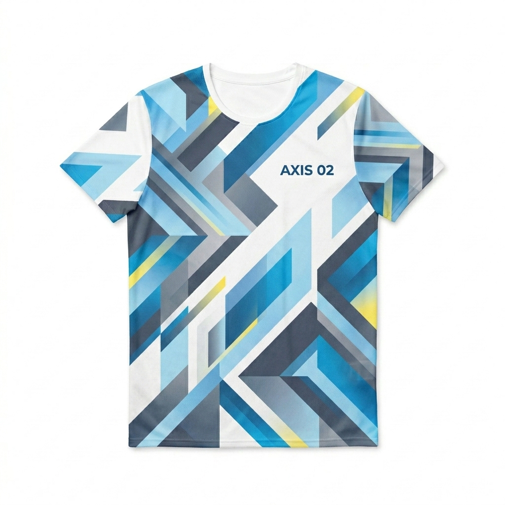 Custom All-Over Print Performance T-Shirt design direction 1: Abstract Geometric Print featuring the AXIS 02 wordmark