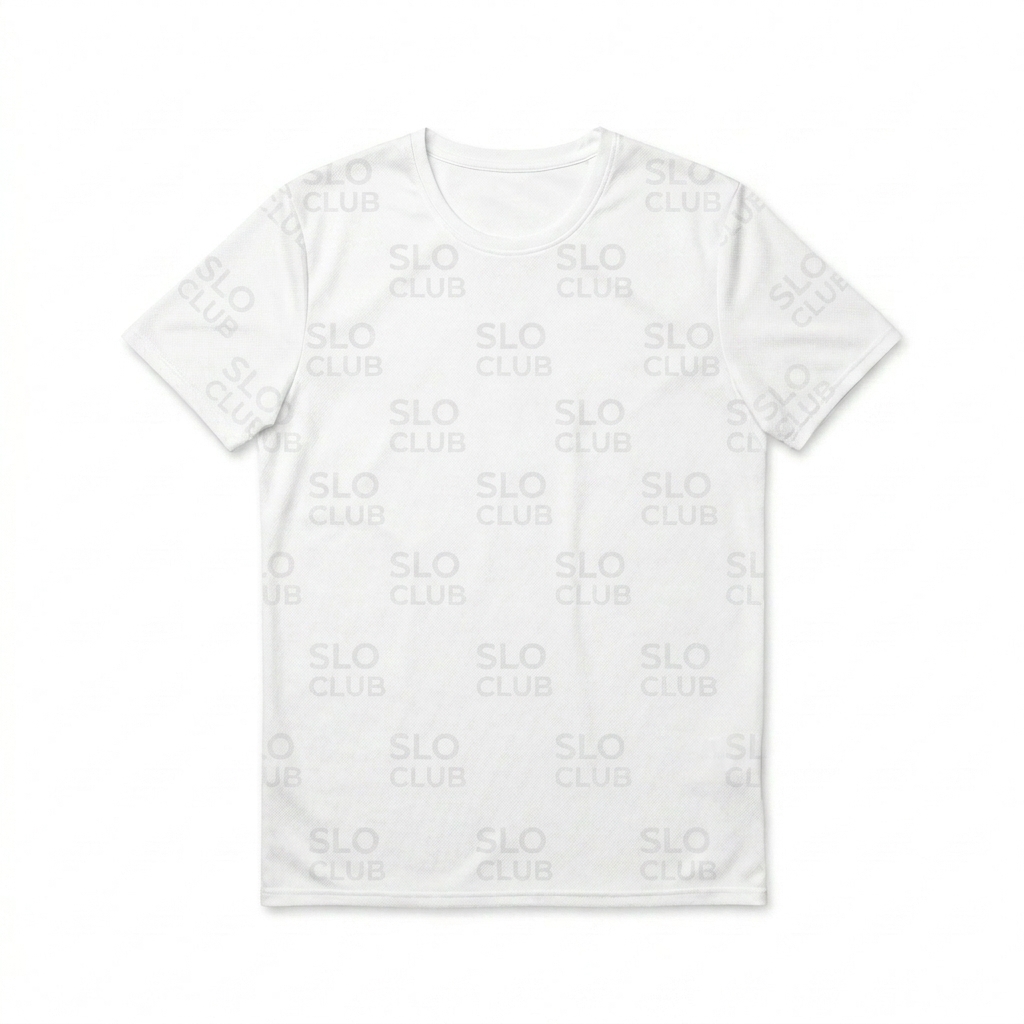 Custom All-Over Print Performance T-Shirt design direction 2: Minimalist Wordmark Pattern featuring the SLO CLUB wordmark