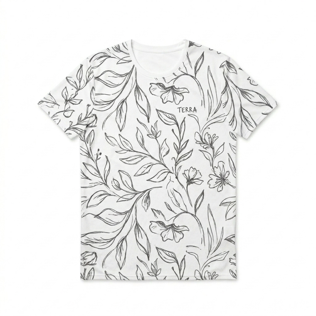 Custom All-Over Print Performance T-Shirt design direction 3: Botanical Sketch All-Over featuring the TERRA wordmark