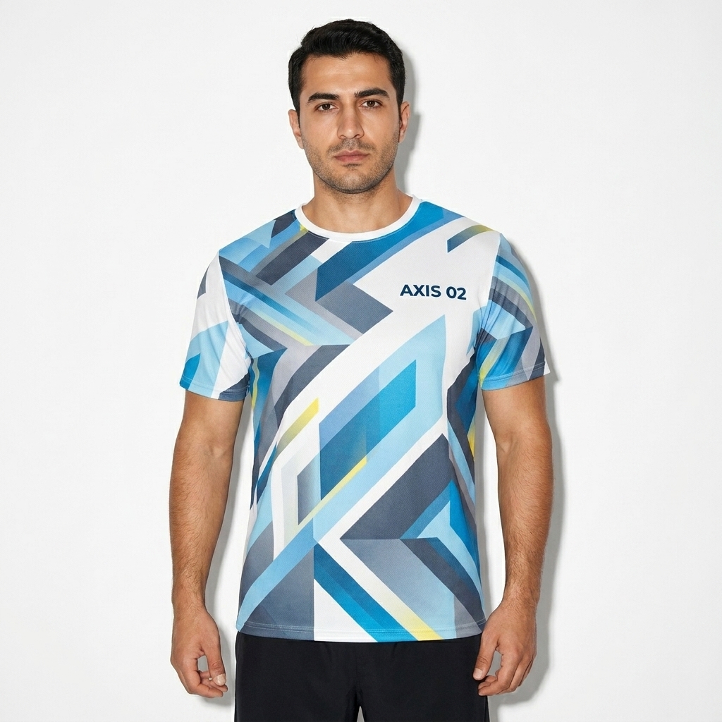 All-Over Print Performance T-Shirt worn by a mid-size Turkish male fashion influencer, techwear modern styling, studio lookbook — custom all-over print performance t-shirt