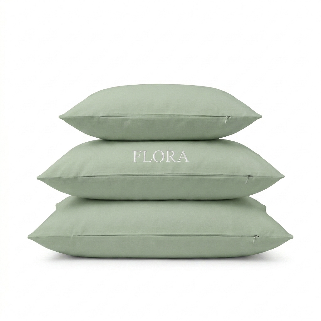 Custom All-Over Print Pillow Case design direction 1: Botanical Bloom featuring the FLORA wordmark