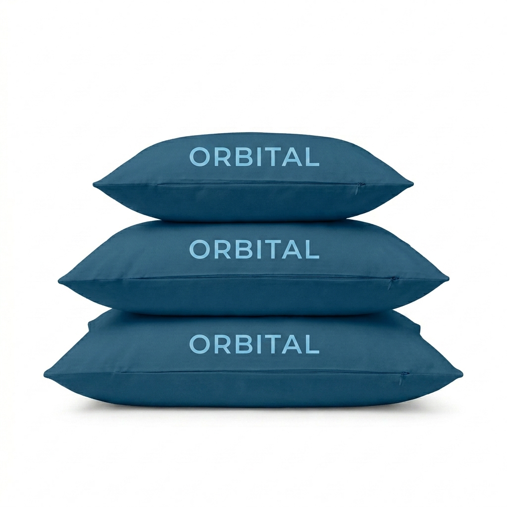 Custom All-Over Print Pillow Case design direction 3: Abstract Swirl featuring the ORBITAL wordmark