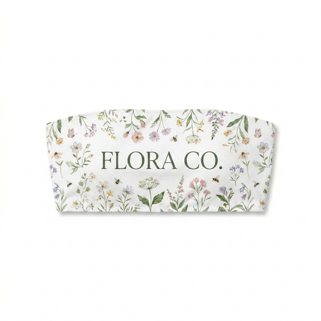 Custom All-Over Print Recycled Bandeau Bikini Top design direction 1: Abstract Botanical featuring the FLORA CO. wordmark