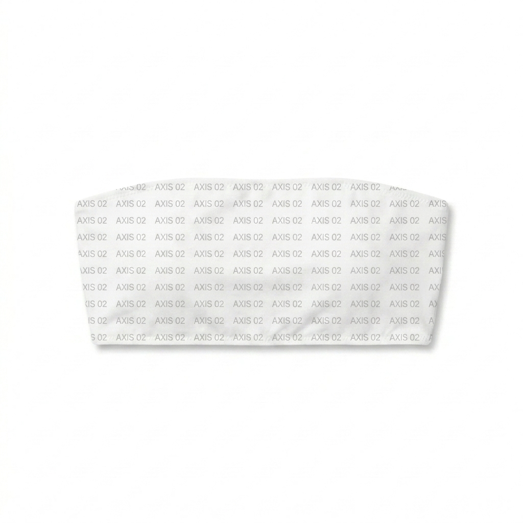 Custom All-Over Print Recycled Bandeau Bikini Top design direction 2: Geometric Grid featuring the AXIS 02 wordmark