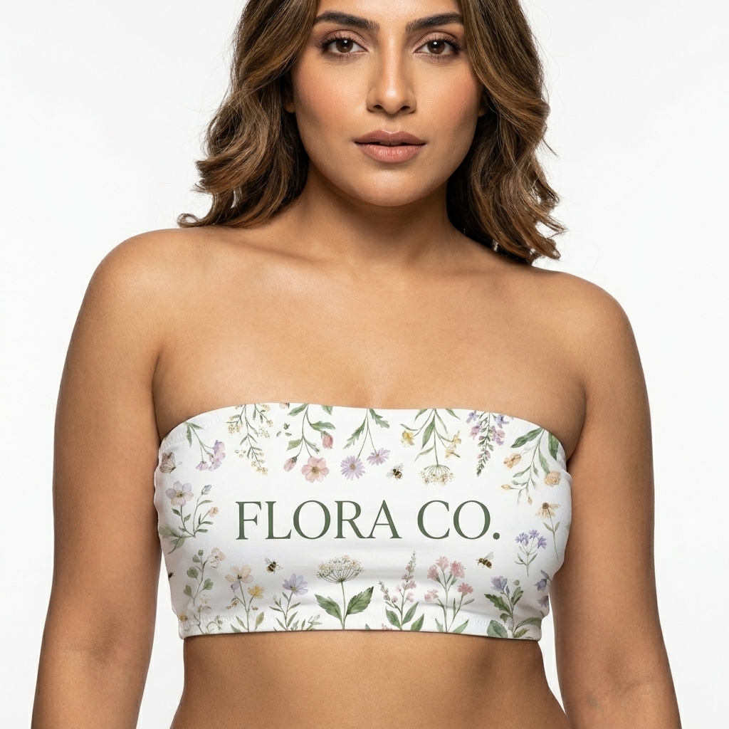 All-Over Print Recycled Bandeau Bikini Top worn by a mid-size Pakistani female fashion influencer, clean-girl minimal styling, studio lookbook — custom all-over print recycled bandeau bikini top