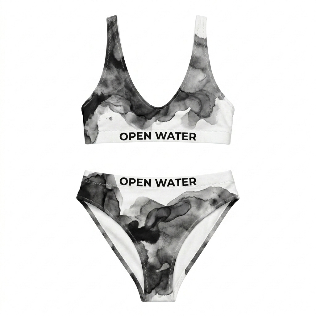 Custom All-Over Print Recycled High-Waisted Bikini design direction 1: Abstract Ocean Waves featuring the OPEN WATER wordmark