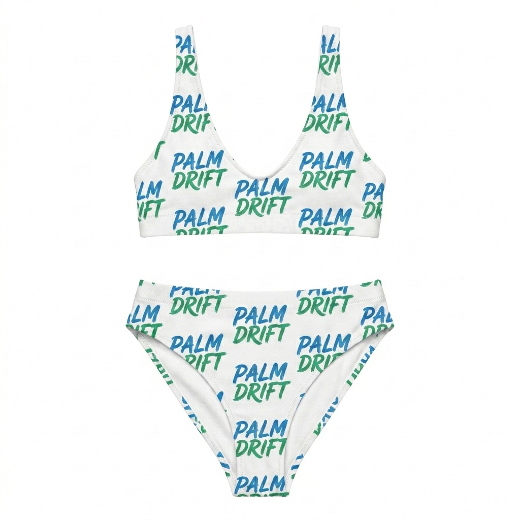 Custom All-Over Print Recycled High-Waisted Bikini design direction 2: Tropical Botanical Pattern featuring the PALM DRIFT wordmark