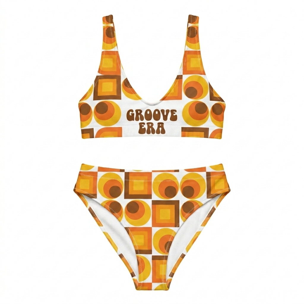 Custom All-Over Print Recycled High-Waisted Bikini design direction 3: Retro Geometric Repeat featuring the GROOVE ERA wordmark