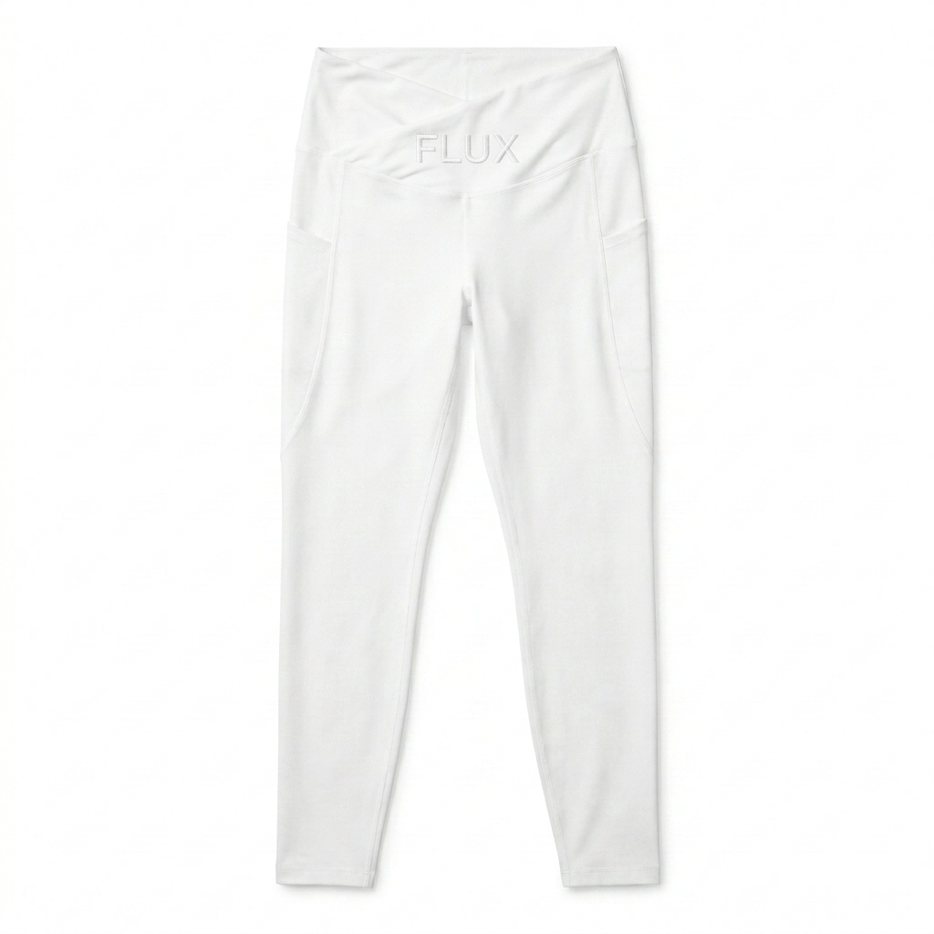 Custom All-Over Print Recycled Crossover Leggings design direction 1: Abstract Geometric Pattern featuring the FLUX wordmark