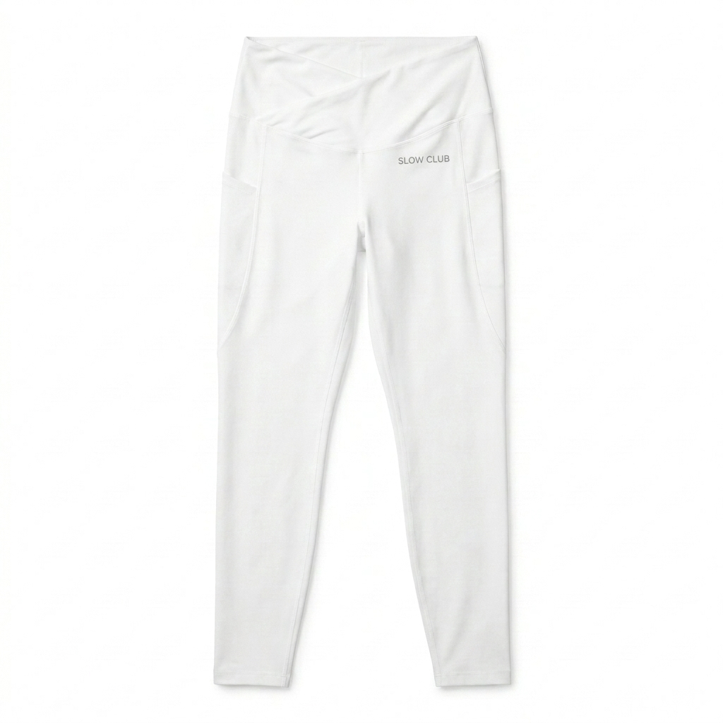 Custom All-Over Print Recycled Crossover Leggings design direction 3: Retro Typography Repeat featuring the SLOW CLUB wordmark