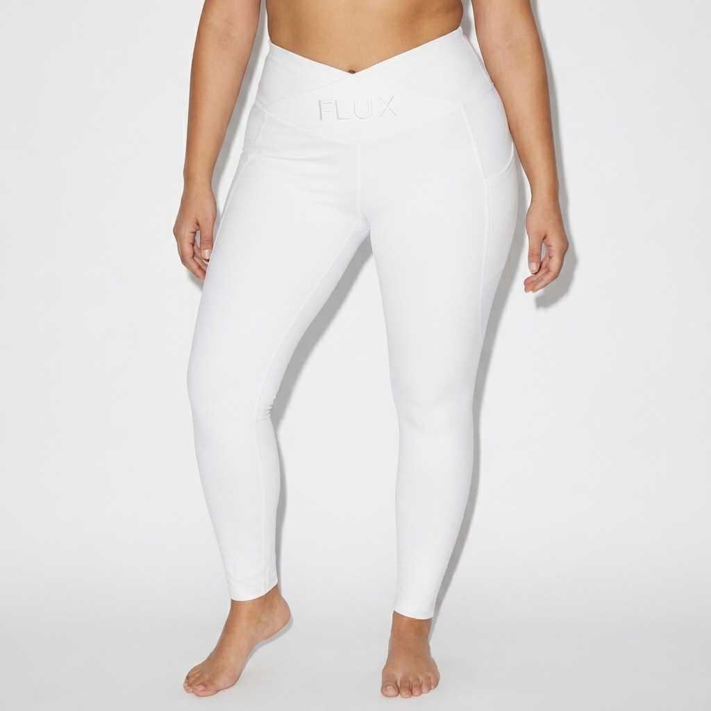 All-Over Print Recycled Crossover Leggings worn by a mid-size Turkish female fashion influencer, preppy ivy styling, studio lookbook — custom all-over print recycled crossover leggings