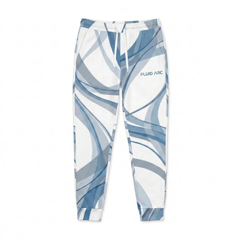 Custom All-Over Print Joggers design direction 1: Abstract Geometric Flow featuring the FLUID ARC wordmark