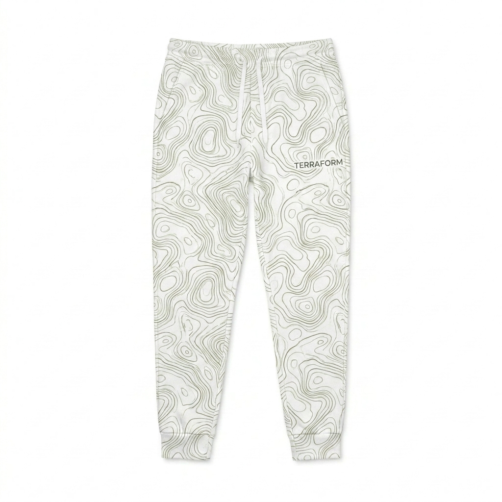 Custom All-Over Print Joggers design direction 2: Nature-Inspired Topography featuring the TERRAFORM wordmark