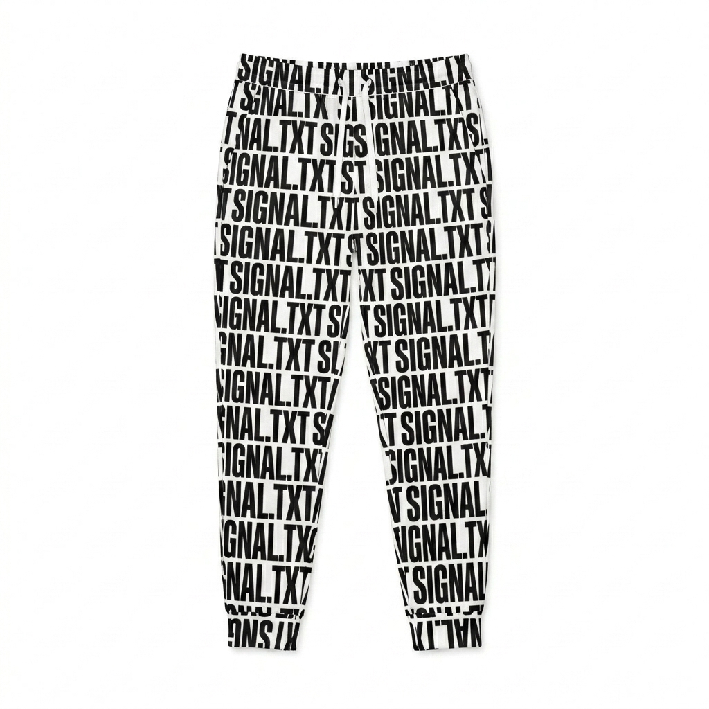 Custom All-Over Print Joggers design direction 3: Bold Typographic Statement featuring the SIGNAL.TXT wordmark