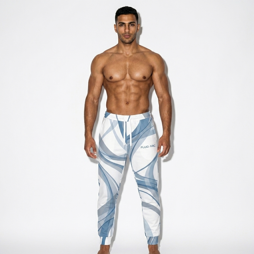 All-Over Print Joggers worn by a athletic muscular Arab male fashion influencer, techwear modern styling, studio lookbook — custom all-over print joggers