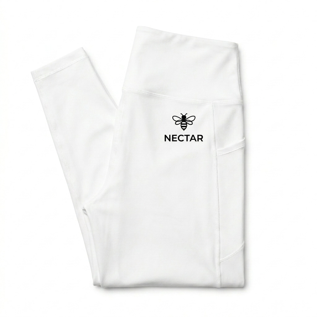 Custom All-Over Print Recycled Leggings with Pockets design direction 1: Abstract Botanical Flow featuring the NECTAR wordmark