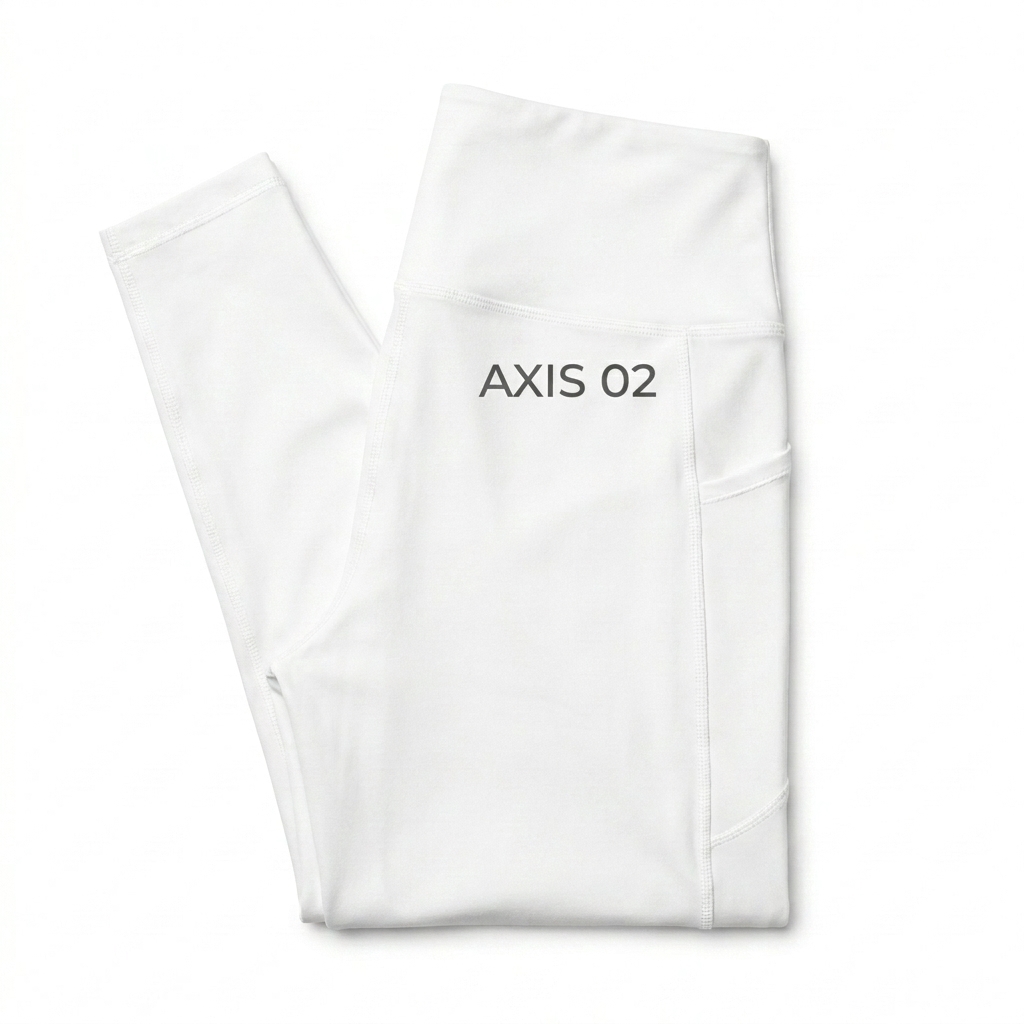 Custom All-Over Print Recycled Leggings with Pockets design direction 2: Geometric Grid Repeat featuring the AXIS 02 wordmark