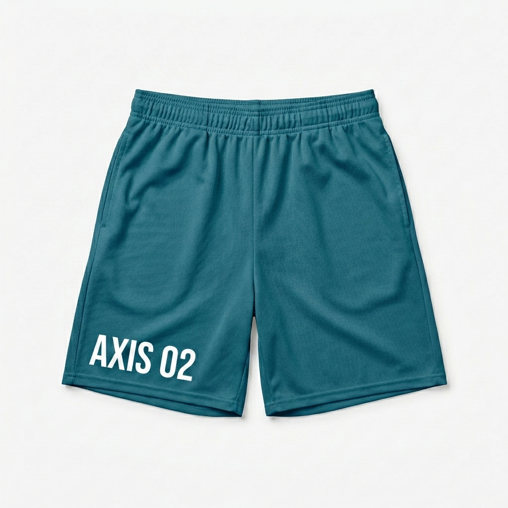 Custom All-Over Print Recycled Mesh Shorts design direction 1: Abstract Geometric Pattern featuring the AXIS 02 wordmark