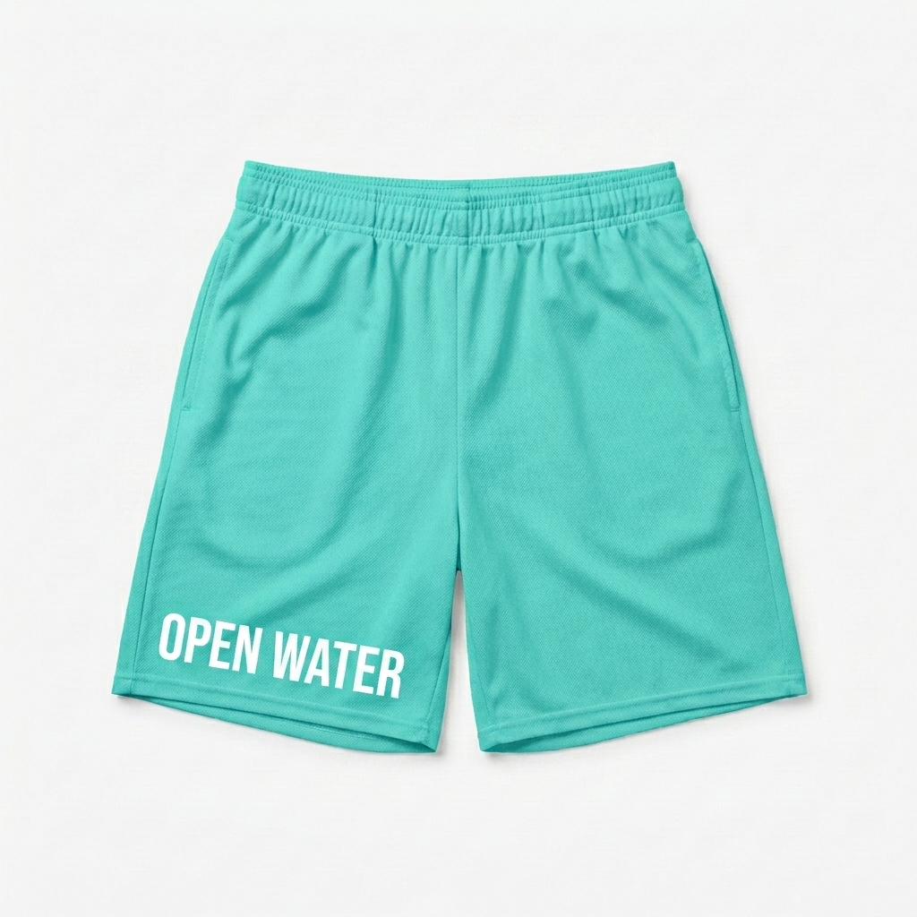 Custom All-Over Print Recycled Mesh Shorts design direction 2: Fluid Organic Shapes featuring the OPEN WATER wordmark