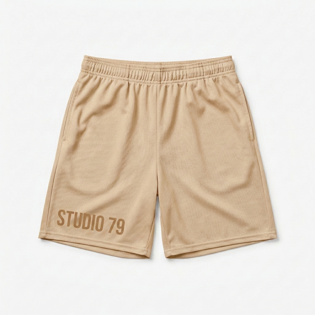Custom All-Over Print Recycled Mesh Shorts design direction 3: Monogram Repeat Pattern featuring the STUDIO 79 wordmark