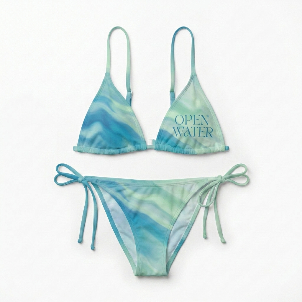 Custom All-Over Print Recycled Padded String Bikini Top design direction 1: Abstract Coastal Gradient featuring the OPEN WATER wordmark