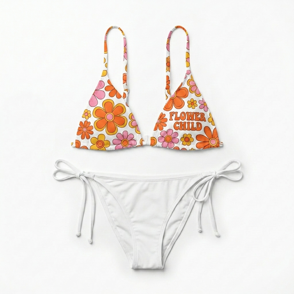 Custom All-Over Print Recycled Padded String Bikini Top design direction 2: Retro Floral Pop featuring the FLOWER CHILD wordmark
