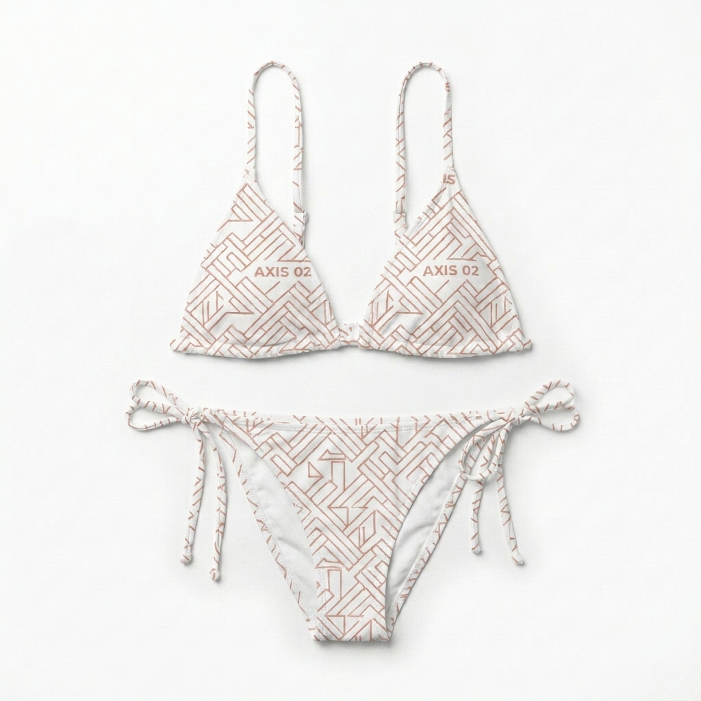 Custom All-Over Print Recycled Padded String Bikini Top design direction 3: Minimalist Geometric Pattern featuring the AXIS 02 wordmark