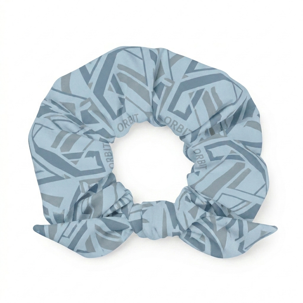 Custom All-Over Print Recycled Scrunchie design direction 1: Abstract Geometric Pattern featuring the ORBIT wordmark